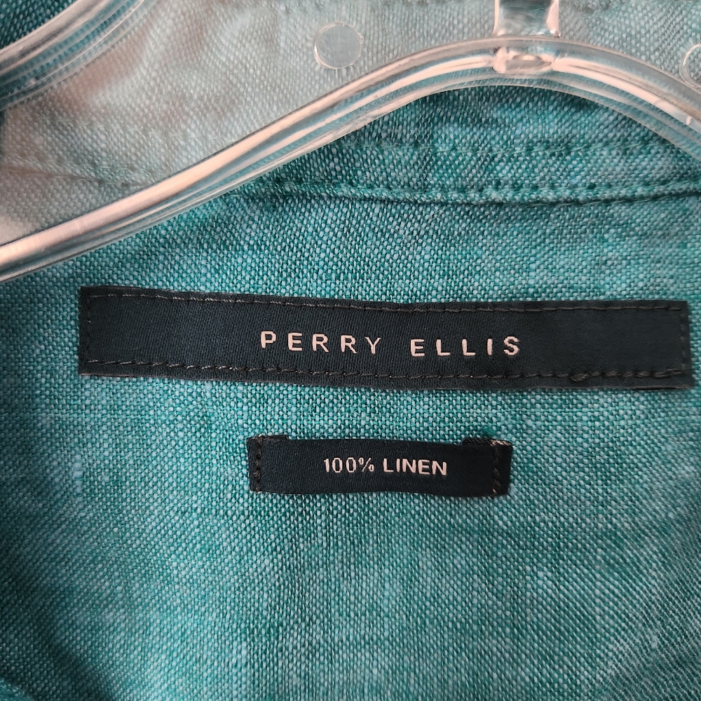 Perry Ellis 100% Linen Short Sleeve Button Down Turquoise  Shirt Mens S - Picture 8 of 12